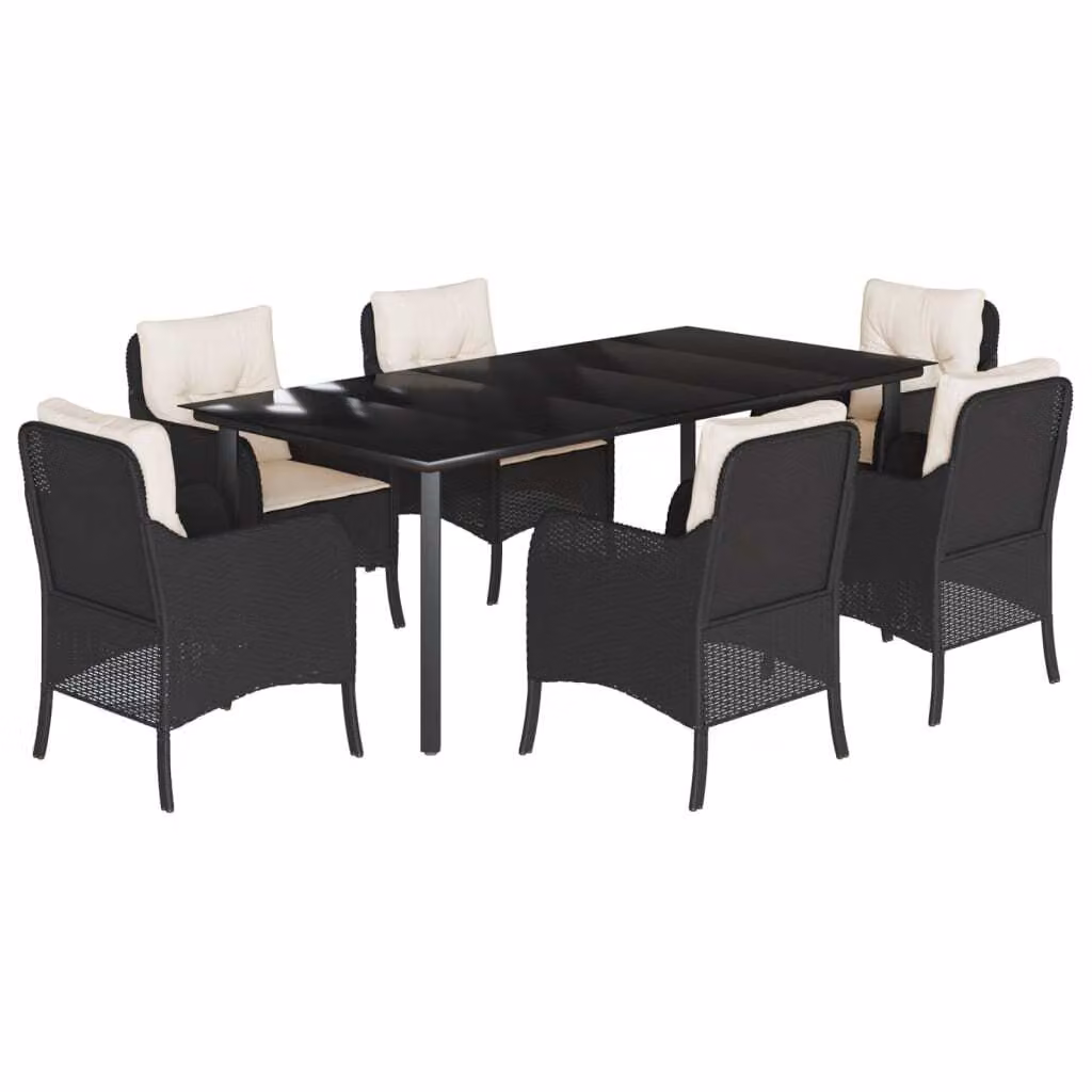 Set da Pranzo da Giardino 7 pz Nero con Cuscini in Polyrattan