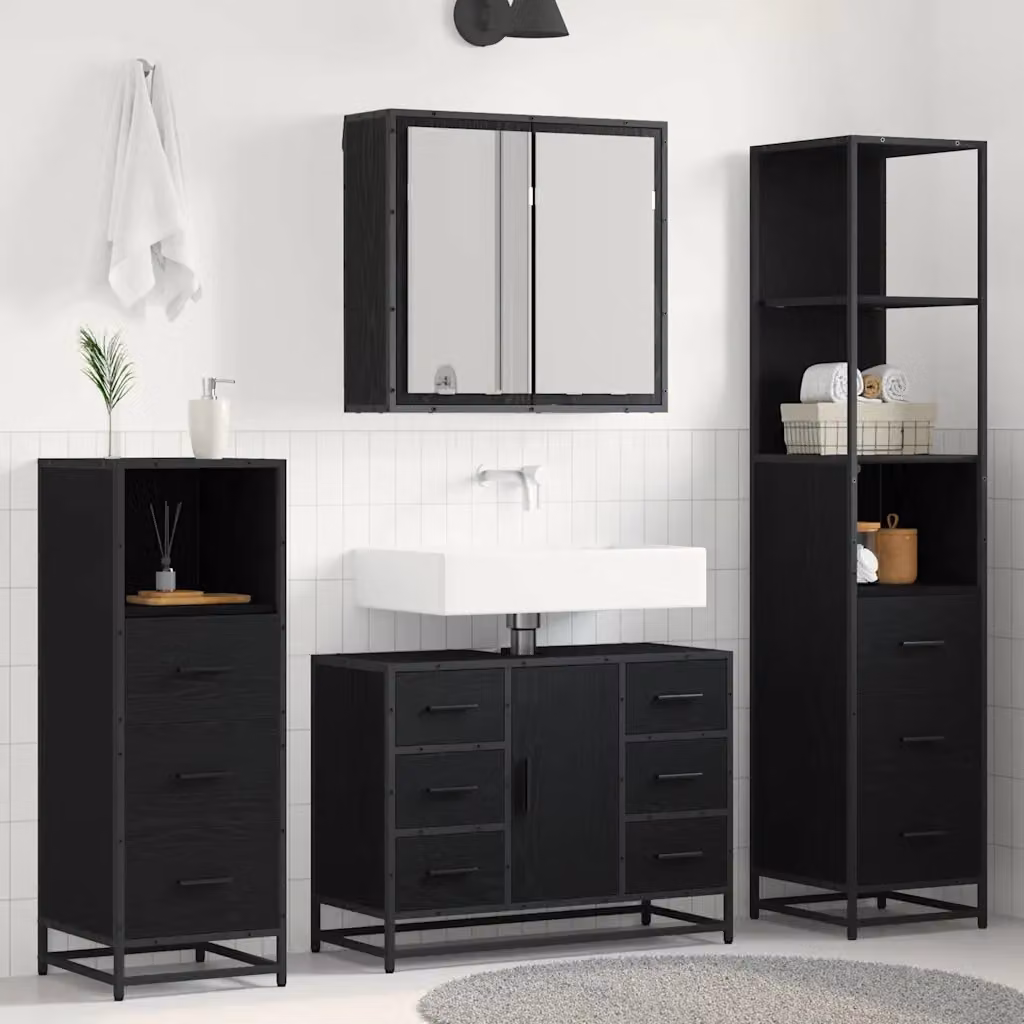 Set di mobili per il bagno moderno vidaXL in 3 pezzi, colore nero e rovere, con armadietto con specchio, mobile lavabo e mobile laterale, L/P/H: 80 x 33 x 166 cm – 1