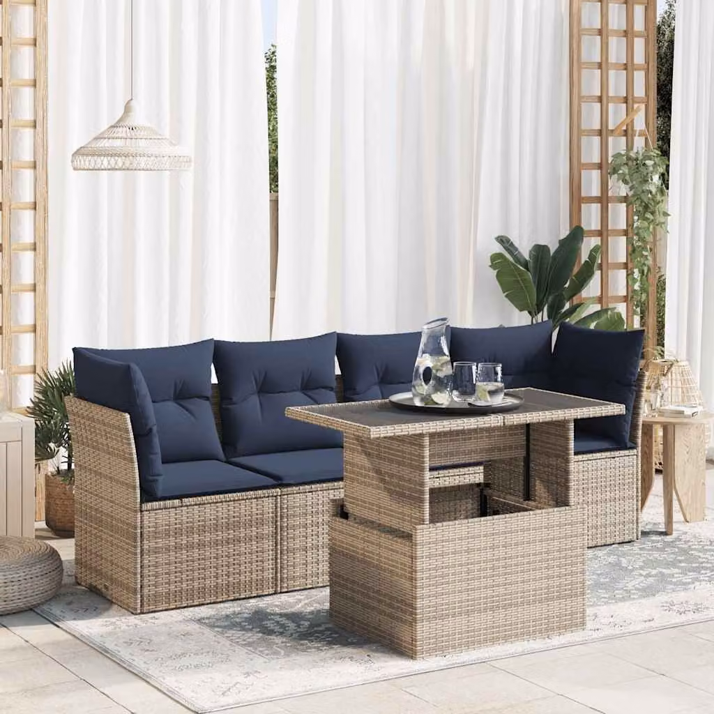 Set Divano da Giardino vidaXL 5 Pezzi in Polyrattan e Legno di Acacia con Cuscini, Grigio e Blu
