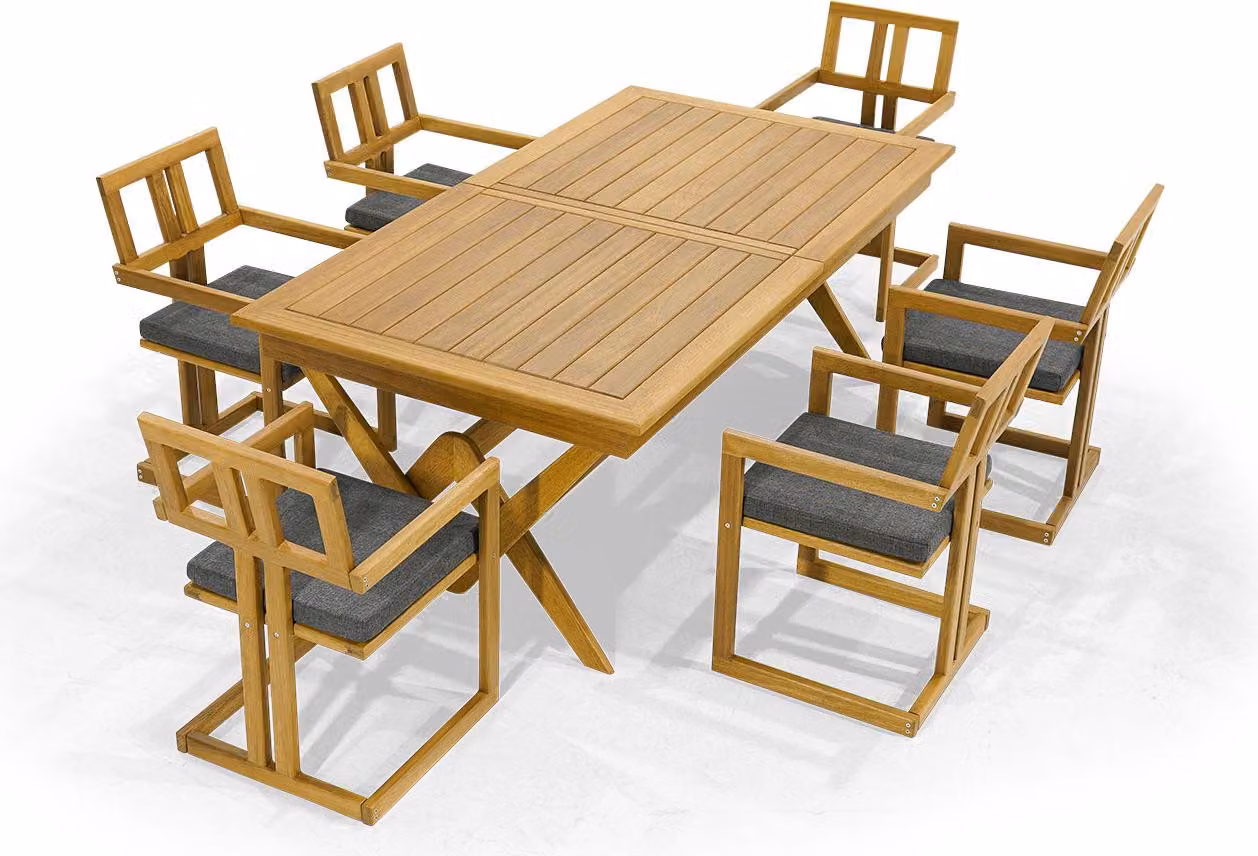Dunkelbraune Gartenmöbel Designer Holz Esstisch 6x Polsterstühle 7tlg