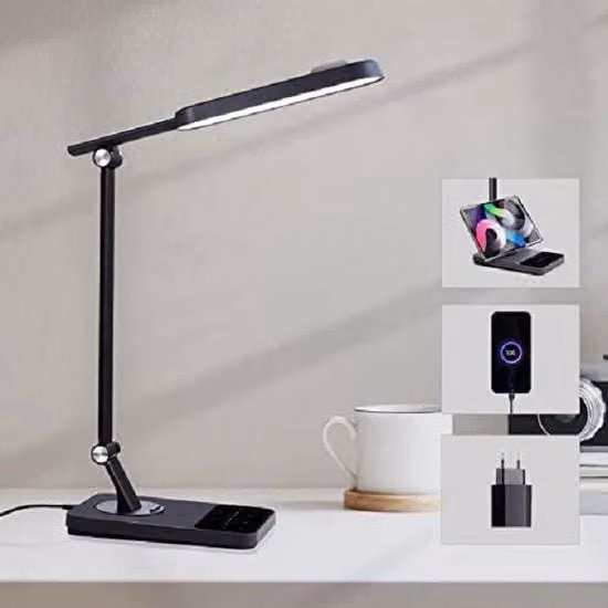 Lampada da Scrivania LED Regolabile e Dimmable in Metallo Nero per Home Office e Lettura con Alimentazione USB