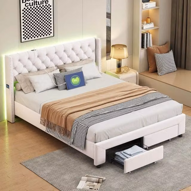 Letto Matrimoniale 180x200 cm con 2 Cassetti; Letto Matrimoniale Imbottito con Luci LED e Porta USB; Testiera in Velluto; Beige; Senza Materasso