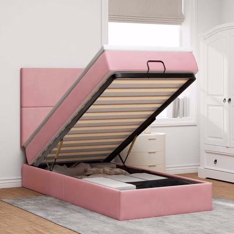 Letto con contenitore e pouf vidaXL in velluto rosa e bianco, con base a sollevamento, illuminazione sottostante e porta USB, L: 200 cm, P: 140 cm, H: 90 cm