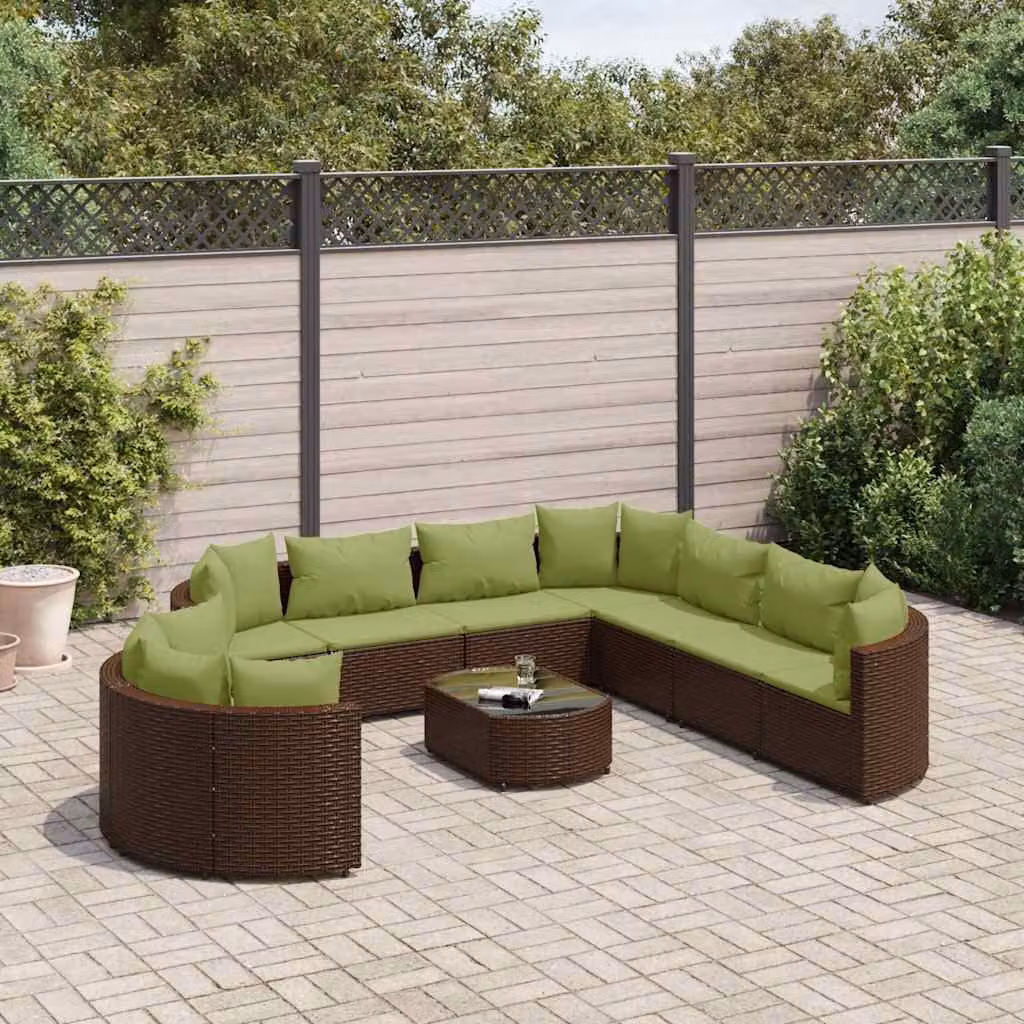 vidaXL Set Divani da Giardino 10 Pezzi a Forma di U con Tavolino in Vetro e Cuscini Marroni e Verdi in Polyrattan e Metallo