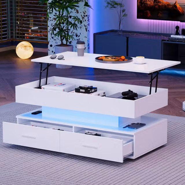 Tavolino da Salotto Sollevabile Idraulico 100x50x44 cm, Bianco, con Illuminazione LED, Controllo Bluetooth APP, 2 Cassetti e Vano Aperto