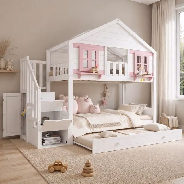 Desviae Lit a castello per bambini 90 × 200 cm con letto estraibile, scala con vano, senza materasso, bianco e rosa