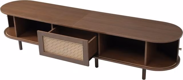Mobile TV con cassetto, 2 ante scorrevoli e vani aperti, noce scuro effetto rattan, per soggiorno, 180 × 40 × 40 cm