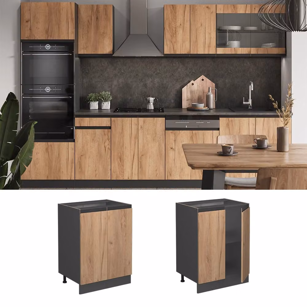 Mobiletto base cucina Vicco R-Line Rovere dorato e Antracite, larghezza 60 cm, forma a J senza piano di lavoro – 2