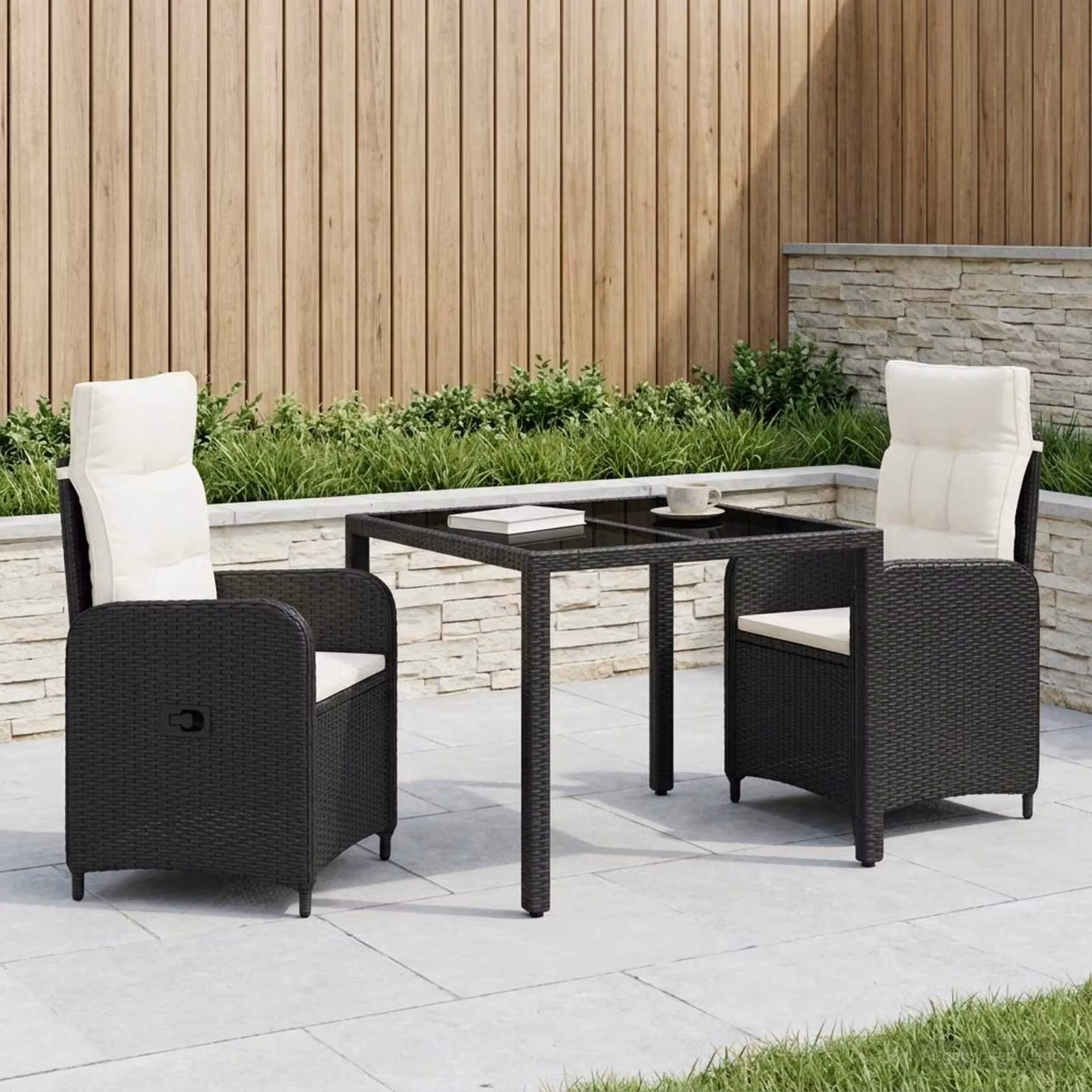 Set da pranzo per esterni vidaXL in polyrattan composto da 3 pezzi con tavolo in vetro, colori nero e bianco crema