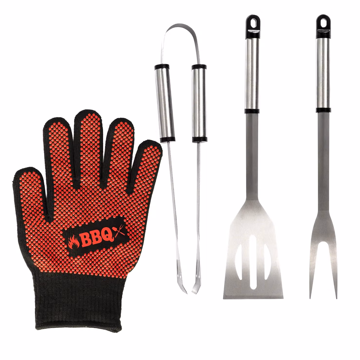 Gusto Casa Set Barbecue 4 Pezzi in Acciaio Inox Argento con Guanto Termico Resistente al Calore – 1