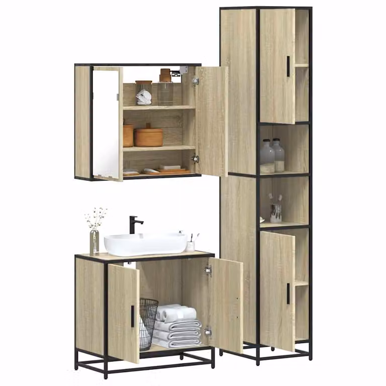 Set di mobili da bagno industrial vidaXL in legno e metallo, 3 pezzi, colore marrone e beige, con armadietto con specchio, mobile lavabo e colonna alta