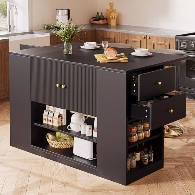 Isola da cucina con piano ribaltabile 2 ante cassetti e ripiani regolabili per cucina in MDF nero 140 × 40 × 90 cm