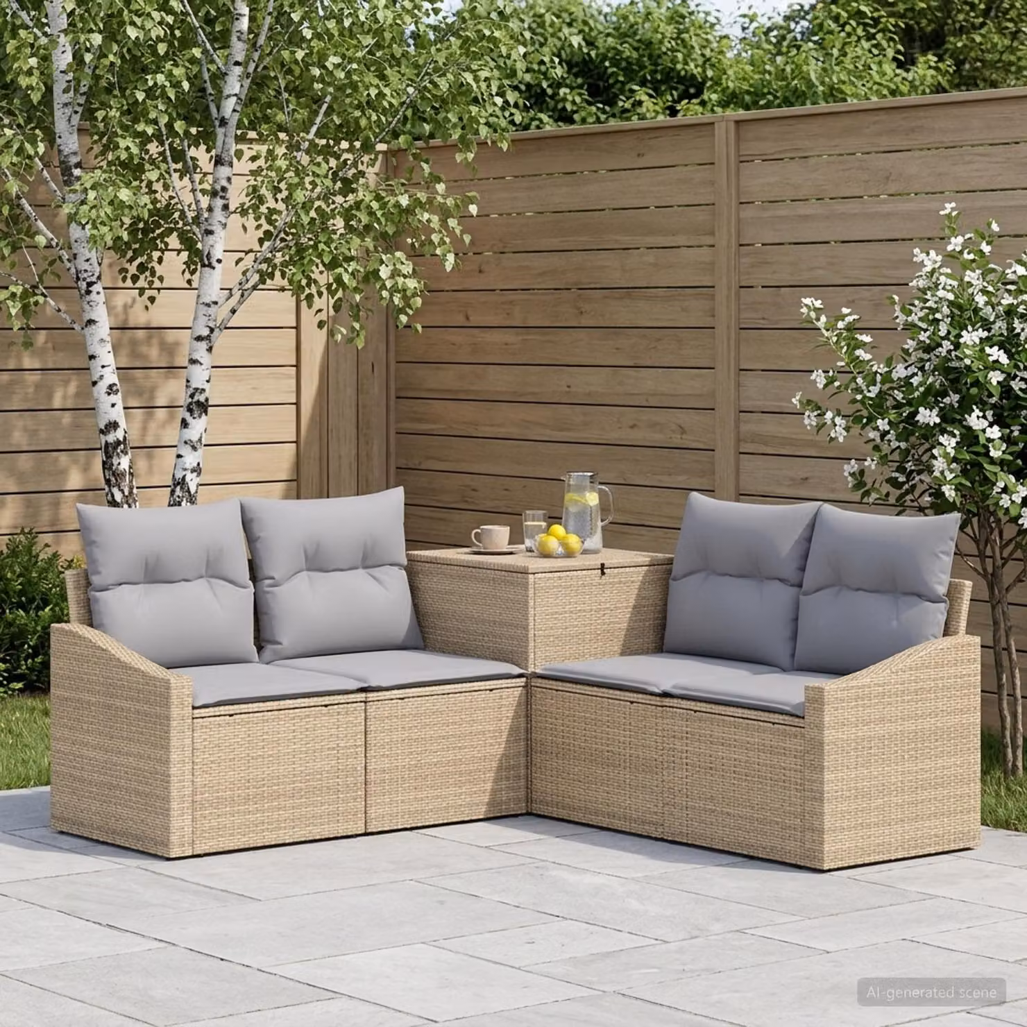 Set di divani da giardino vidaXL a forma di L in polyrattan con cuscini beige e grigio