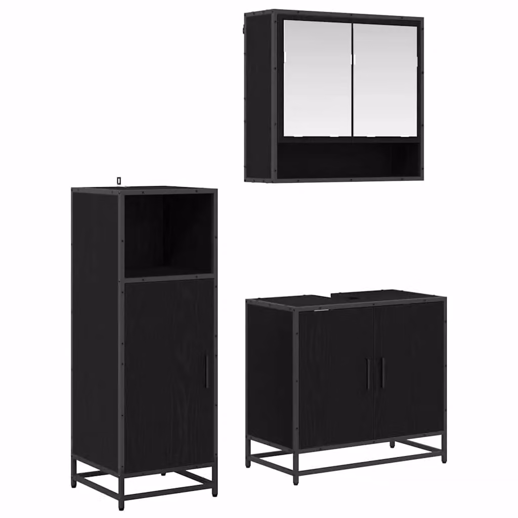 Set di mobili per il bagno moderno vidaXL in 3 pezzi nero con finitura opaca e dettagli in legno rovere, comprensivo di armadietto con specchio, mobile lavabo e mobile laterale, H x L x P: 100 x 33 x 37,5 cm