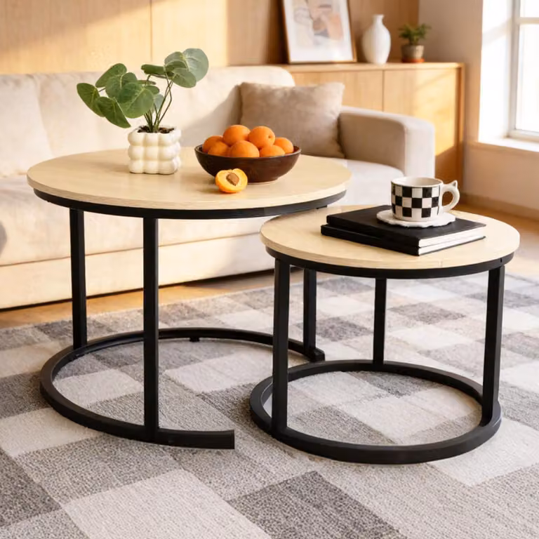 Set di tavolini laterali rotondi, set di 2 tavolini da caffè in legno con struttura in metallo, color beige