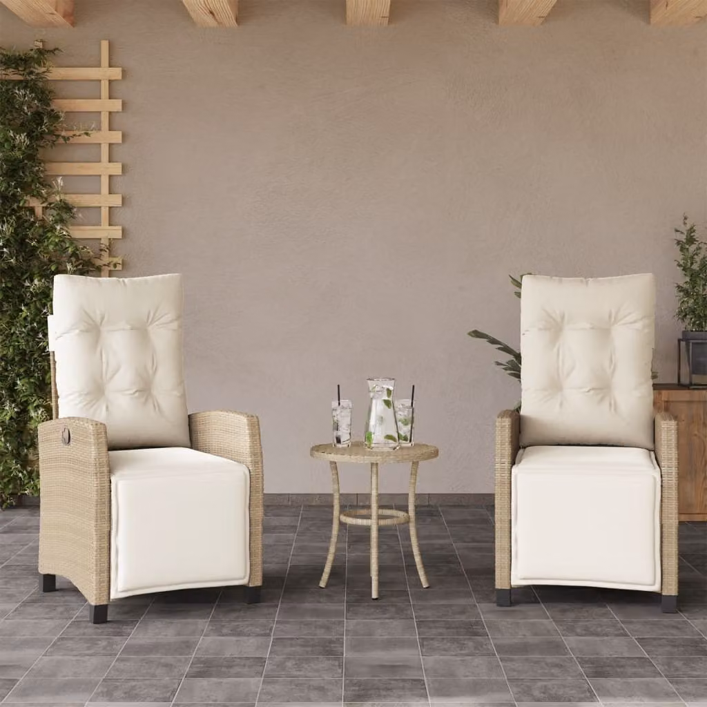 Set di 2 sedie da giardino reclinabili con poggiapiedi vidaXL in polyrattan e metallo, colore beige e bianco