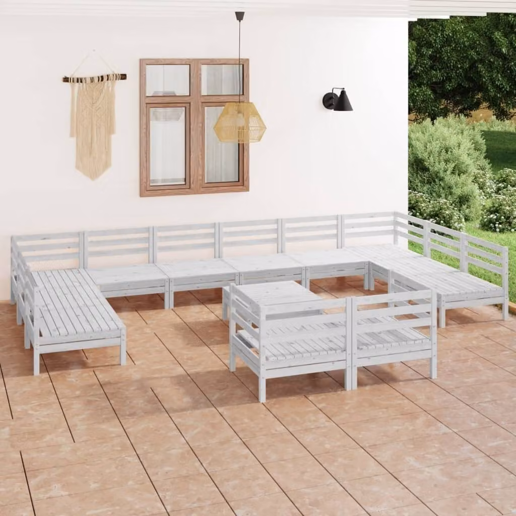 The Living Store Set salotto da giardino 13 pezzi in legno di pino massiccio bianco