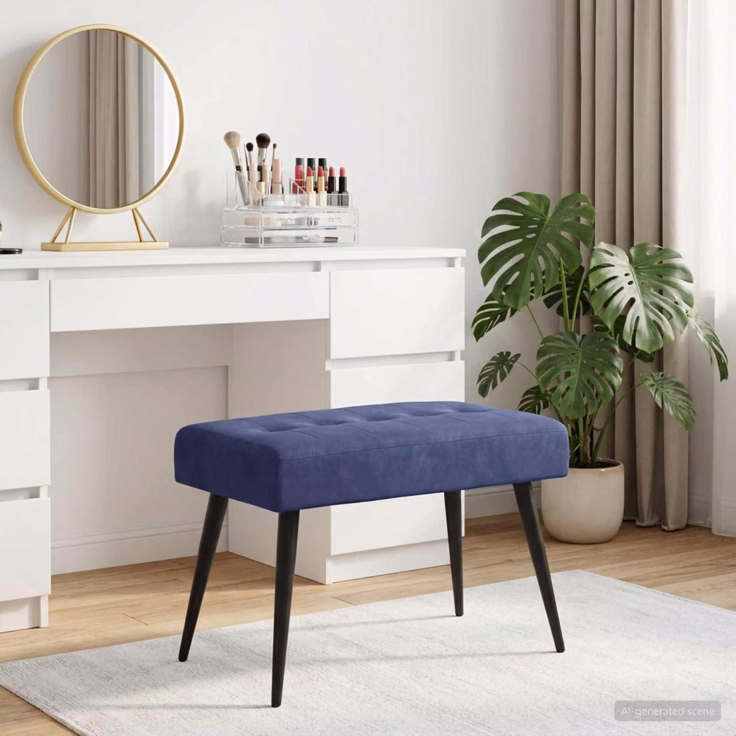 Panchina imbottita con bottoni vidaXL in velluto blu, L: 60 cm, P: 40 cm, H: 45 cm