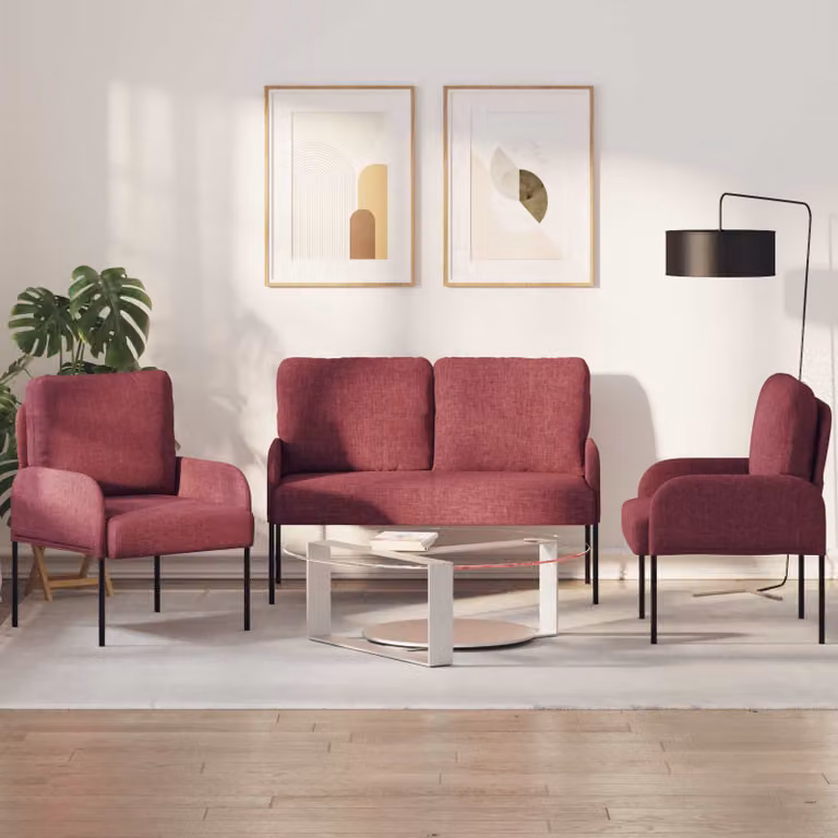 Set di divani da soggiorno vidaXL in tessuto rosso con struttura in legno e metallo, 3 pezzi