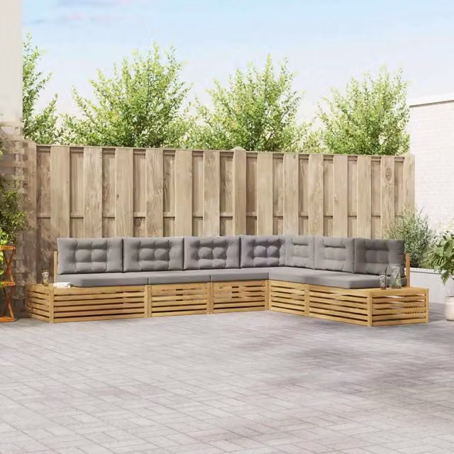 Set di divani da esterno a L vidaXL in legno di acacia con cuscini bianchi e grigi – 1