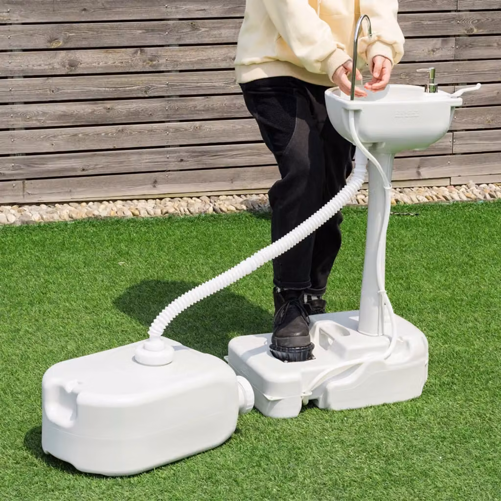 Lavandino da campeggio portatile con stazione lavamani a pedale e serbatoio d'acqua dolce da 17L, colore bianco, H 102 x L 58 x P 34 cm – 2