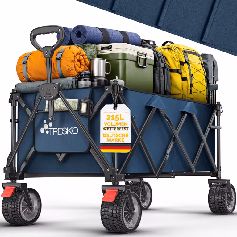 Carrello pieghevole TRESKO® da 215 litri con freno | Carrello pieghevole da 150 kg con ruote in gomma piena | Carrello da spiaggia pieghevole con ruote fuoristrada extra larghe | Carrello da trasporto con borsa per il trasporto