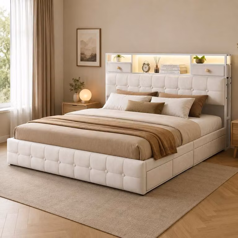 Letto imbottito ProximaX 160x200 cm in velluto con testiera con vano portaoggetti, 4 cassetti e illuminazione a LED RGB
