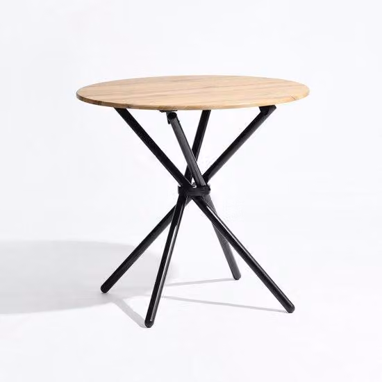 Tavolo da pranzo rotondo Azomor con finitura effetto legno e gambe incrociate, ideale per interni moderni