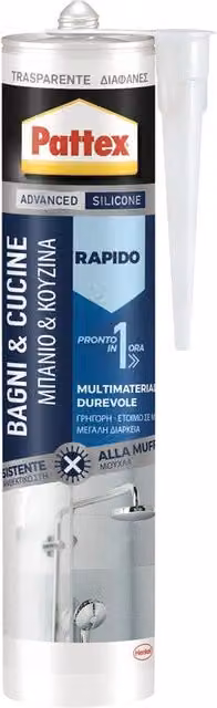Sigillante silicone Pattex Rapido Trasparente per Bagno e Cucina, confezione da 12 pezzi, 300 ml ciascuno