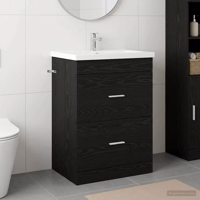 Mobiletto da bagno sottolavabo vidaXL in legno Rovere Nero con cassetti e ante, L: 56 cm, P: 37,5 cm, H: 81 cm