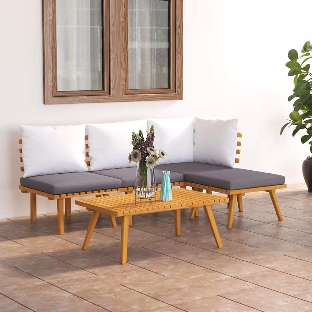 Set di divani da giardino vidaXL in legno massello di acacia con cuscini, componibile a L, colore marrone, grigio e bianco