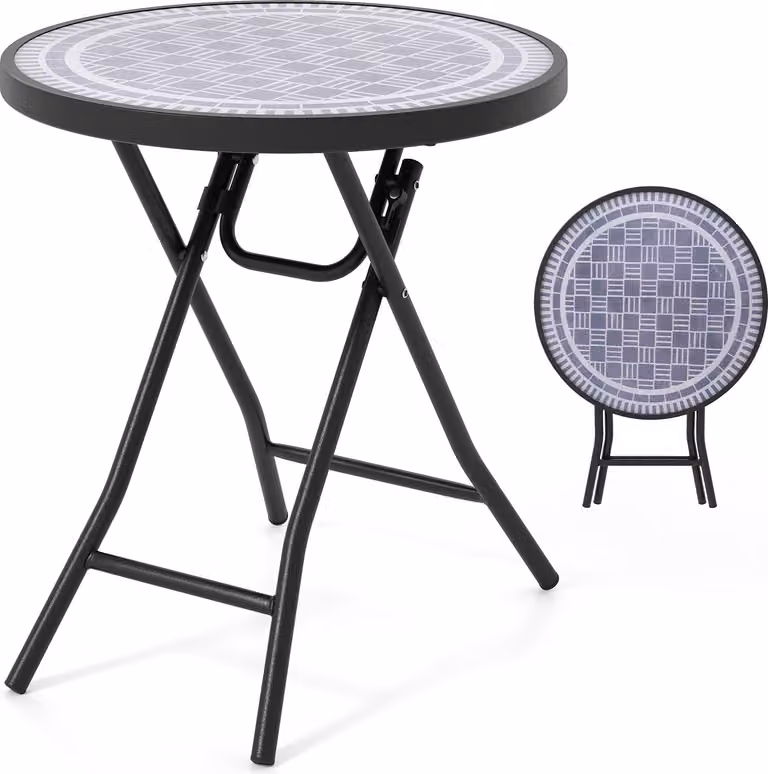 COSTWAY Tavolino pieghevole, tavolo da giardino pieghevole resistente alle intemperie, tavolo da balcone rotondo con piano in vetro temperato 46x46x48cm Grigio