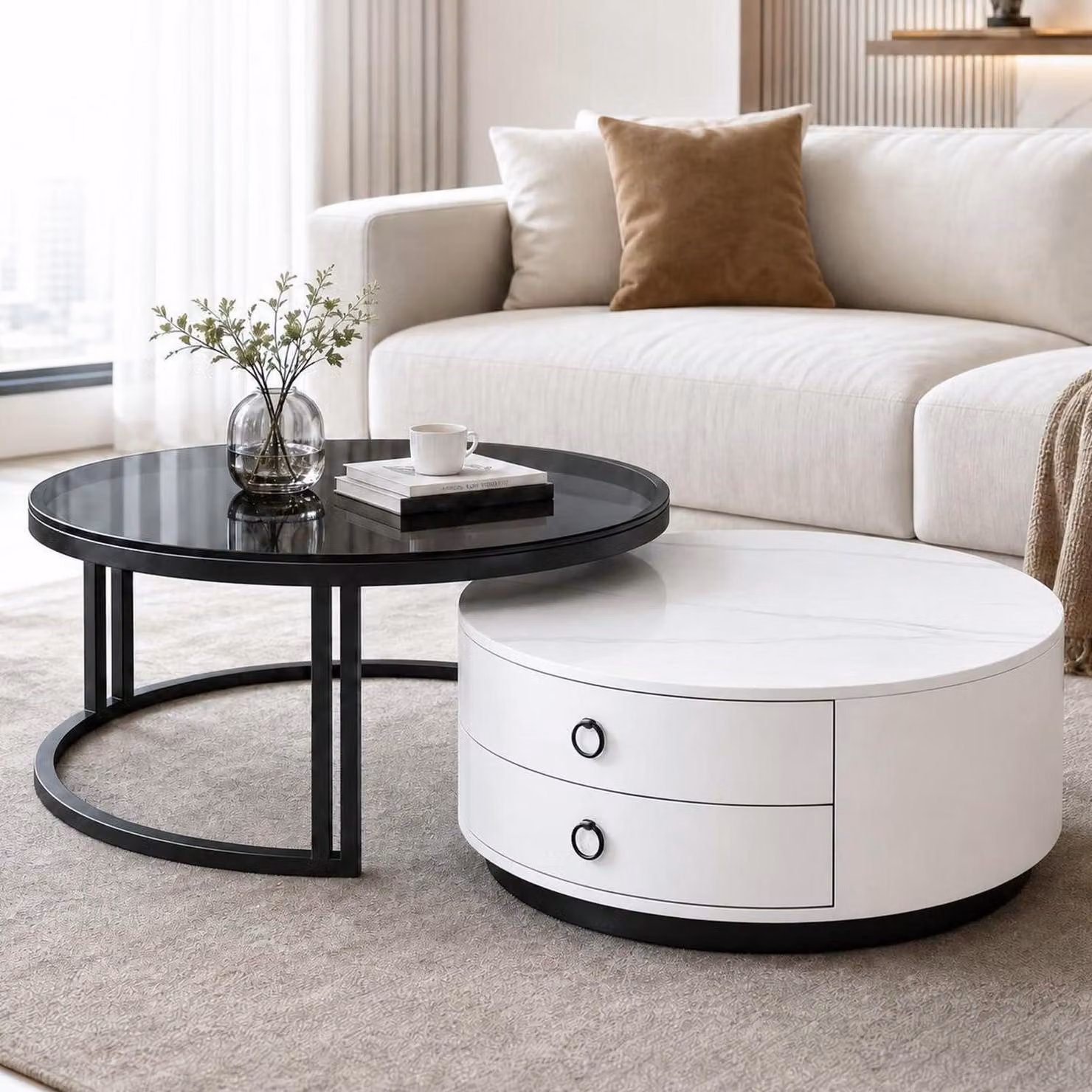 Set di tavolini da divano, 2 pezzi, forma rotonda, colore bianco, aspetto marmo, struttura in metallo