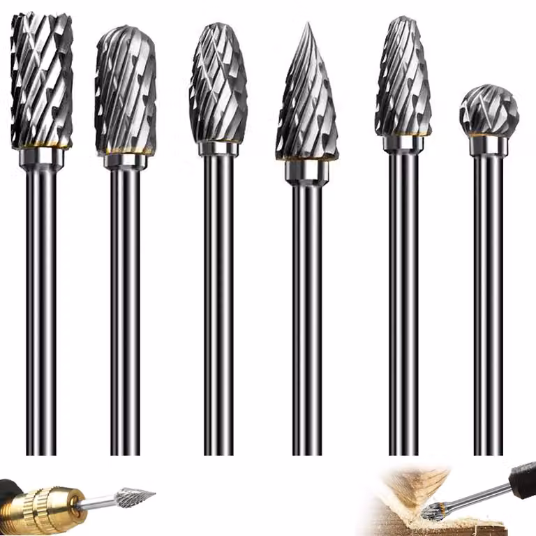 Set di frese in metallo duro, 6 pezzi, attacco da 6 mm, a doppio taglio
