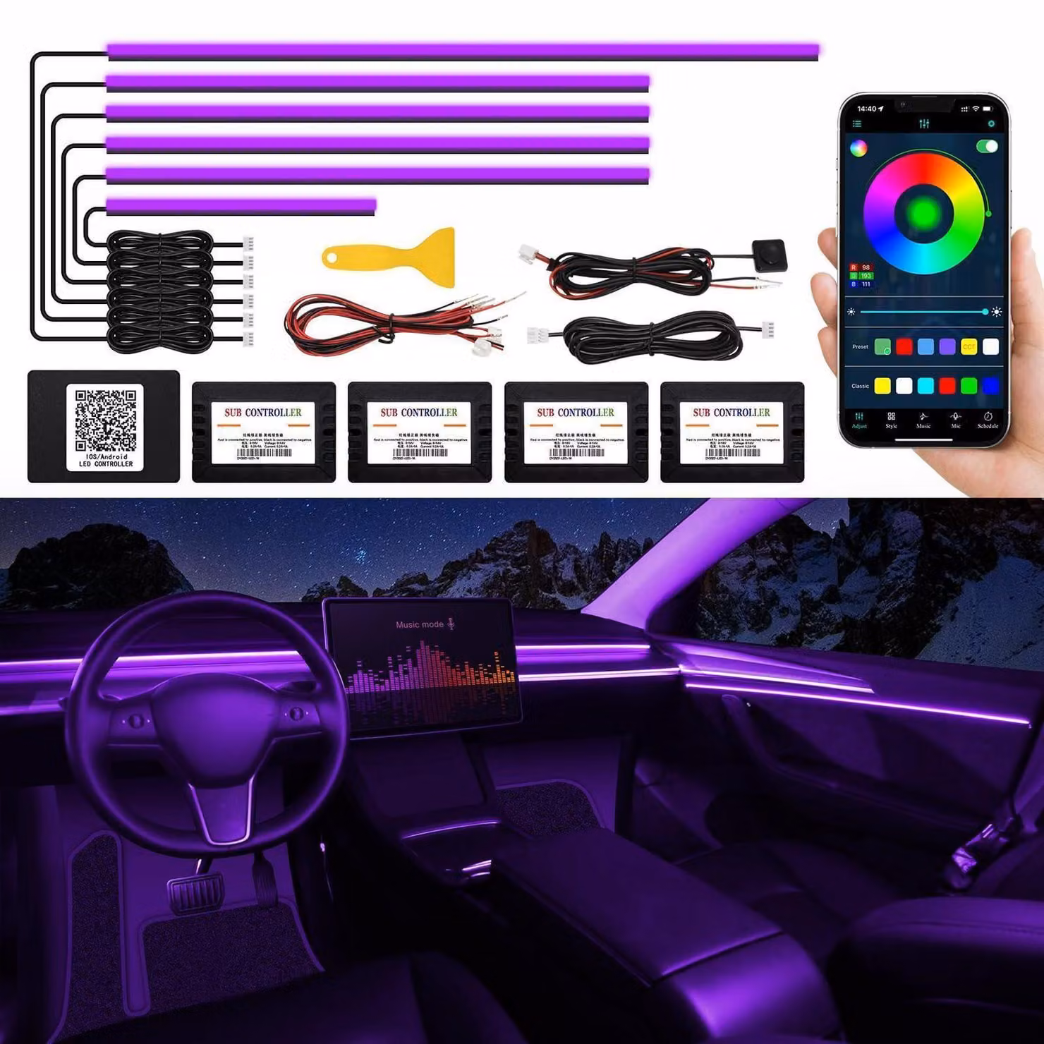 Illuminazione interna per auto a LED, acrilico, RGB 6in1, controllo tramite app, attivazione tramite suono, 175 pollici, 593 LED, 16 milioni di colori, tagliabile