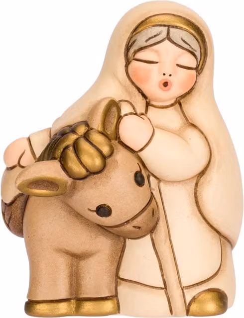Statuina Nonna con asino in ceramica Thun Presepe Classico, Beige
