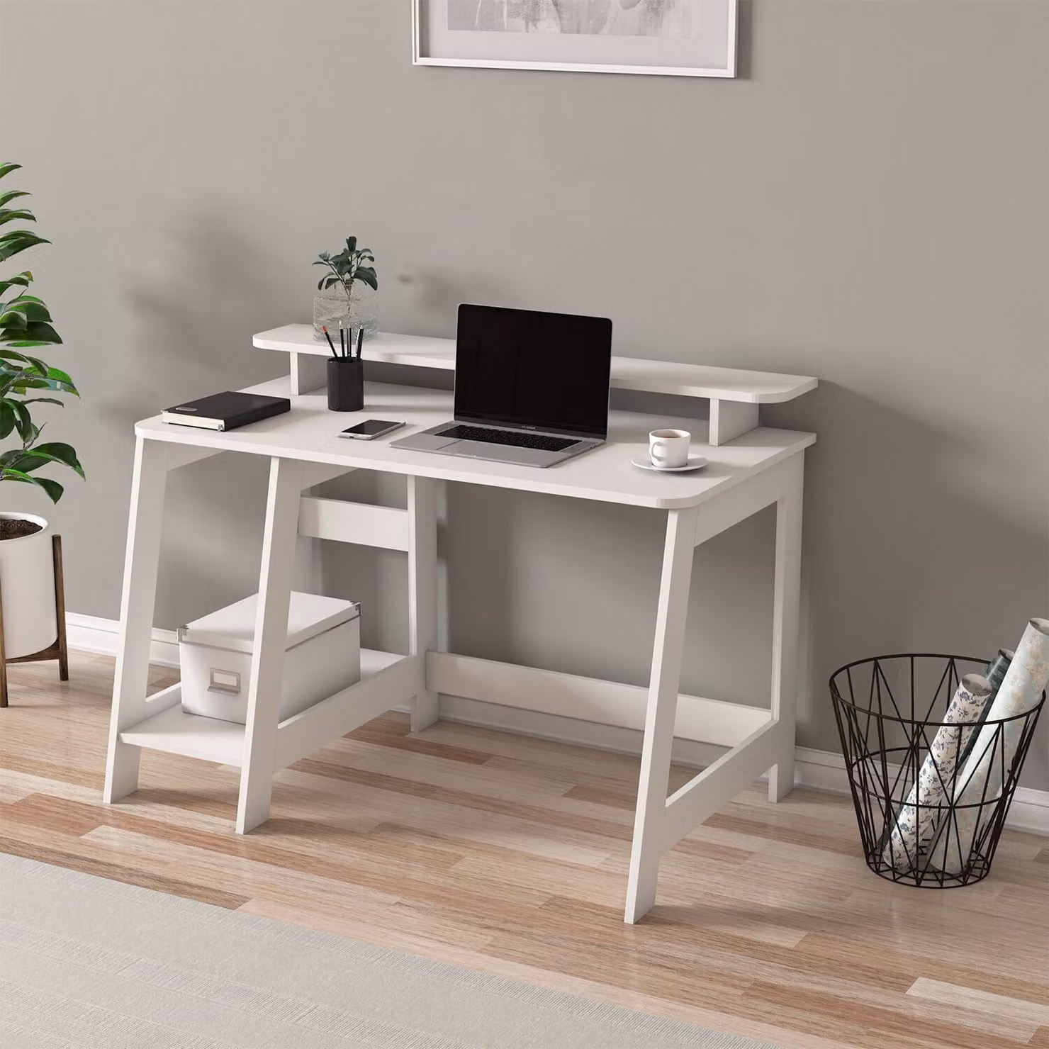 Skye Decor, scrivania di alta qualità, dimensioni 120 x 73 x 60 cm, realizzata in pannello di particelle rivestito in melamina al 100%, spessore 18 mm, dotata di numerosi ripiani, montabile a parete, design moderno in bianco.