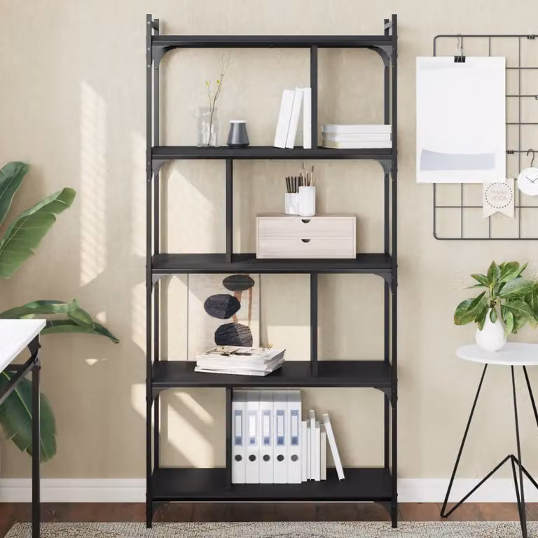 Libreria Industrial vidaXL in Legno e Metallo con 5 Ripiani, Colore Nero, L 76 cm x P 32 cm x H 158 cm