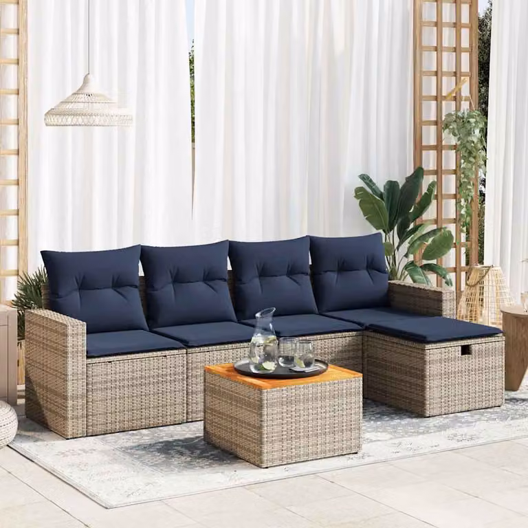 Set Divano da Giardino a L vidaXL in Polyrattan con Cuscini e Tavolino, 6 Pezzi, Grigio