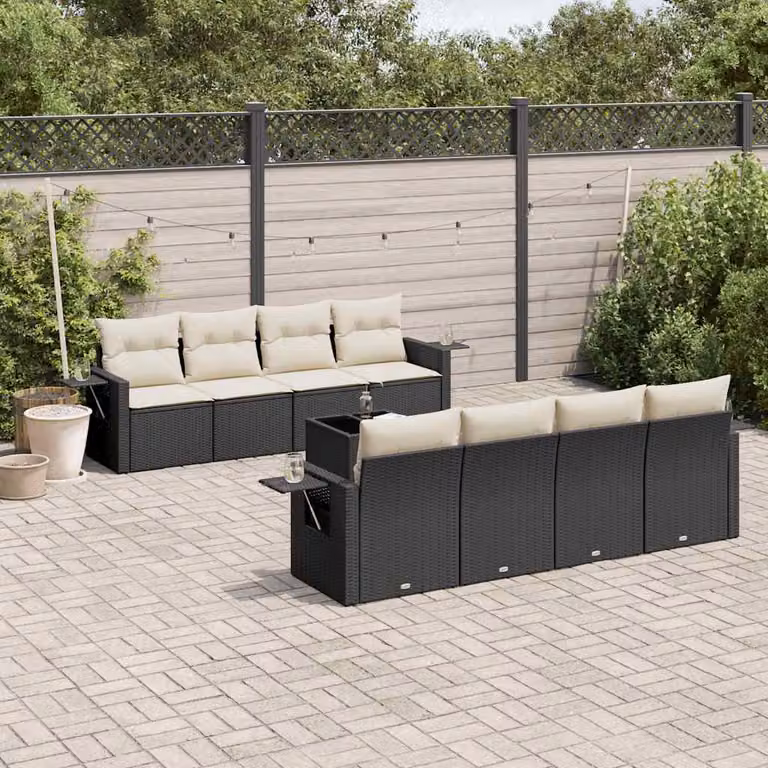 vidaXL Set Divani da Giardino 9 pz in Polyrattan Nero con Cuscini e Tavolino da Esterno
