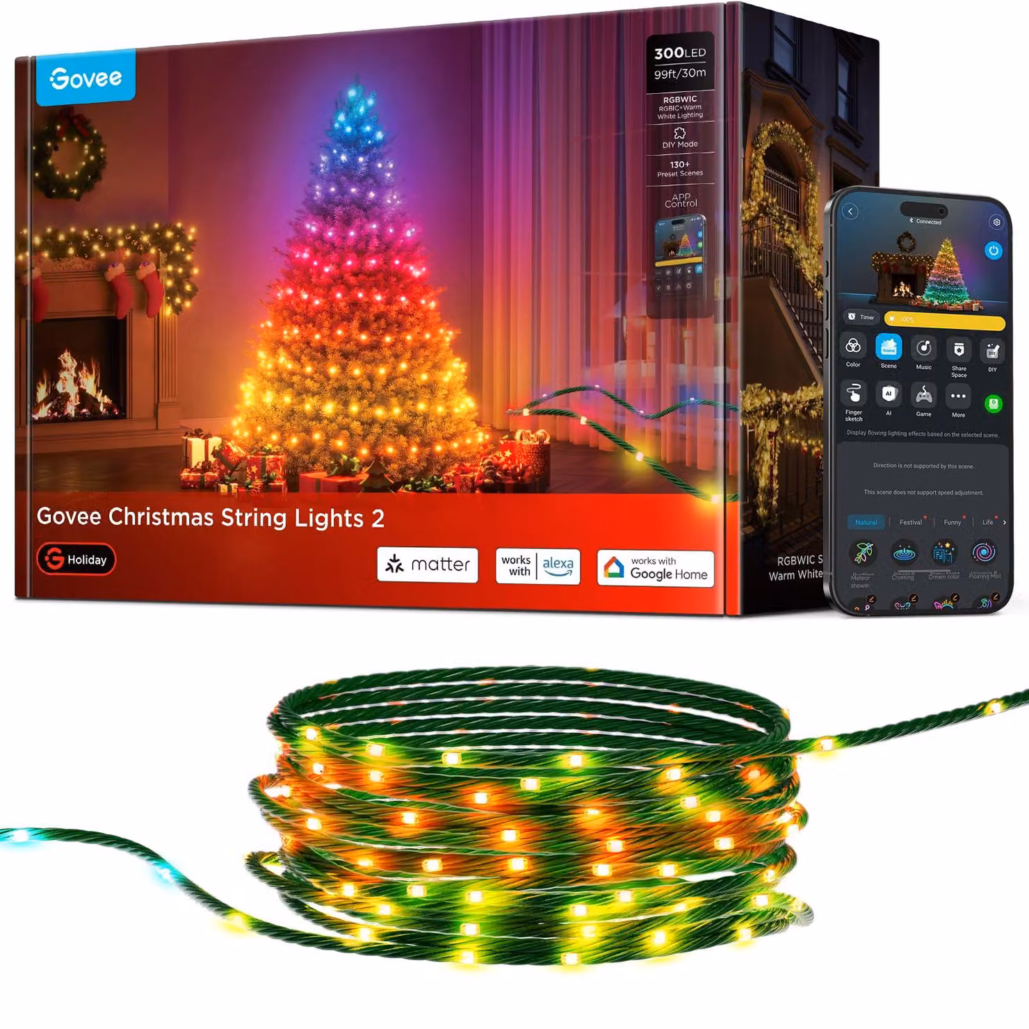 Catena luminosa da 30 metri, con 300 LED RGBWIC, luce bianco caldo, controllo tramite app, grado di protezione IP65, colore verde