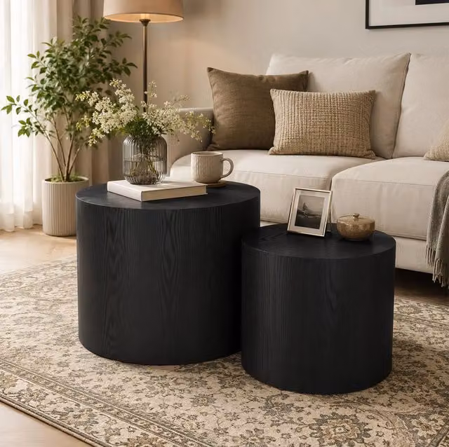 Set di due tavolini rotondi moderni in MDF nero con piedini antiscivolo, per soggiorno, camera, ufficio, balcone e terrazza