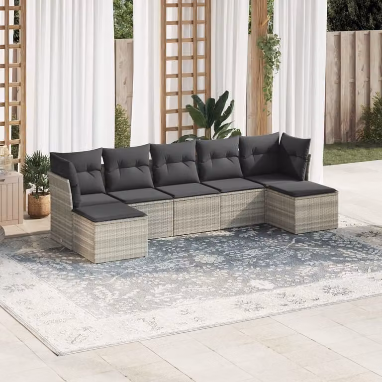 vidaXL Set Divani da Giardino a L 7pz in Polyrattan con Cuscini Grigio Chiaro