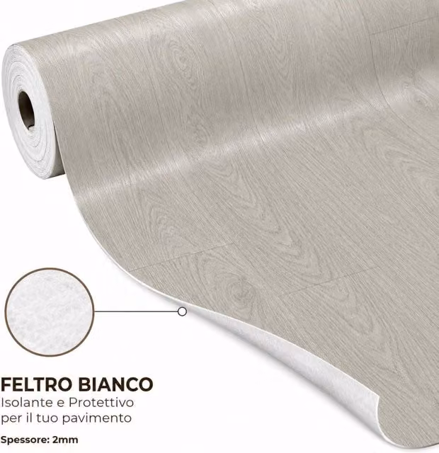 Pavimento Vinilico a Rotolo SOLEILUX Effetto Legno Rovere Tortora Grigio Beige con Feltro Fonoassorbente Spessore: 2 mm, L: 2 m, P: 15 m