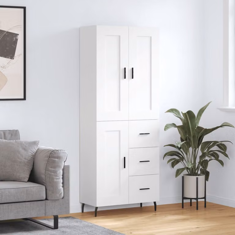 Credenza moderna vidaXL in legno multistrato e metallo, colore bianco opaco, L: 69,5 cm, P: 34 cm, H: 180 cm