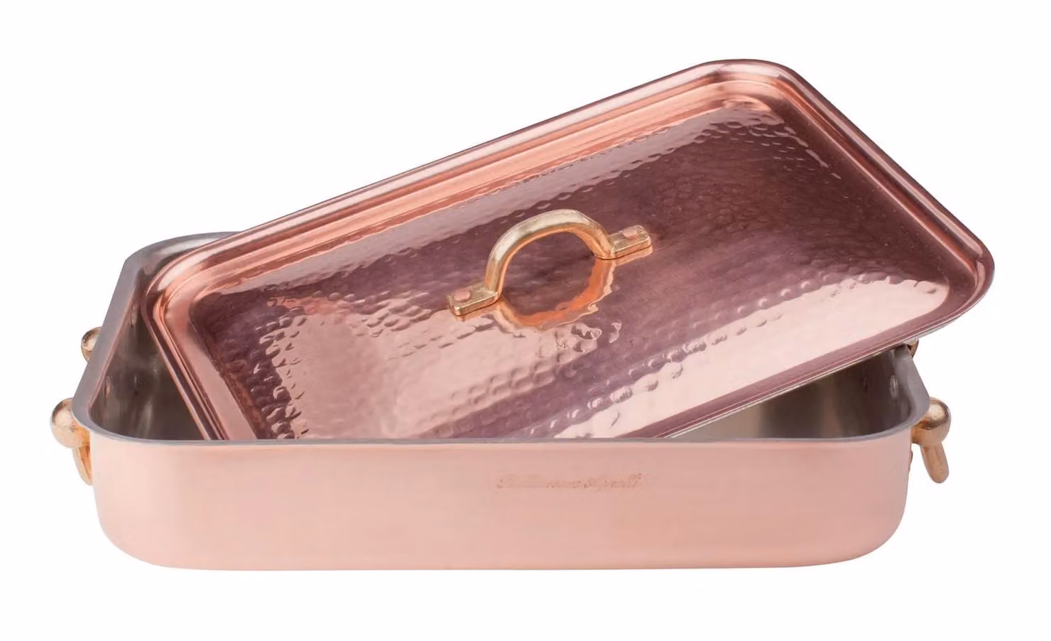 Rostiera Rettangolare in rame martellato stagnato a mano 2mm con coperchio, due maniglie in ottone, dim.36x26cm
