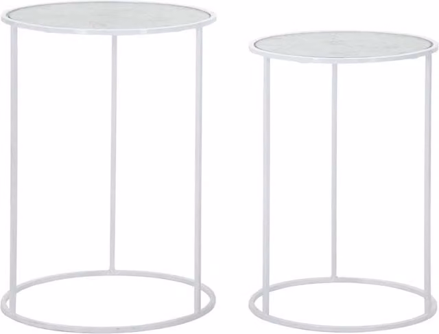 Coppia di tavolini rotondi Vikasa Home in metallo e vetro bianco con design minimalista, L/P/H: 43 x 43 x 60 cm e 38 x 38 x 55 cm