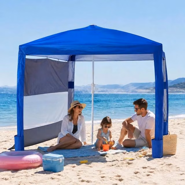 Beach Cabana, 2.4 X 2.4 M Beach Tent With Side Wall, UPF 50+ Sun Protection, Beach Pavilion With Sandbags, Height-adjustable & Portable Sunshade For Family And Friends, Blue