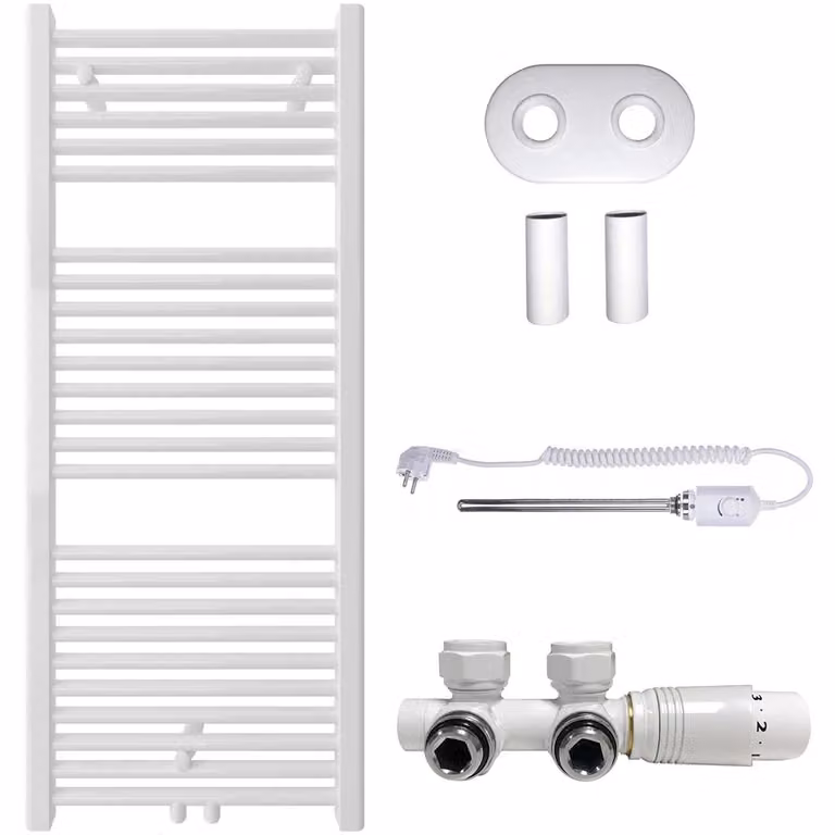 Kit radiatore per bagno Lincoln - sistema di riscaldamento combinato, barra termica - attacco centrale da 50 mm - 300W - bianco lucido - 1200x500 mm