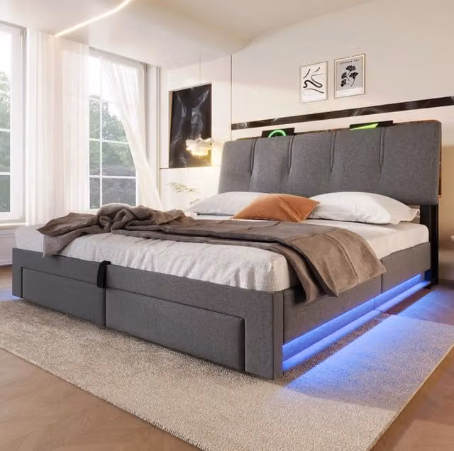 Letto contenitore 140x200 cm; scomparti e LED; lino grigio (Senza materasso)